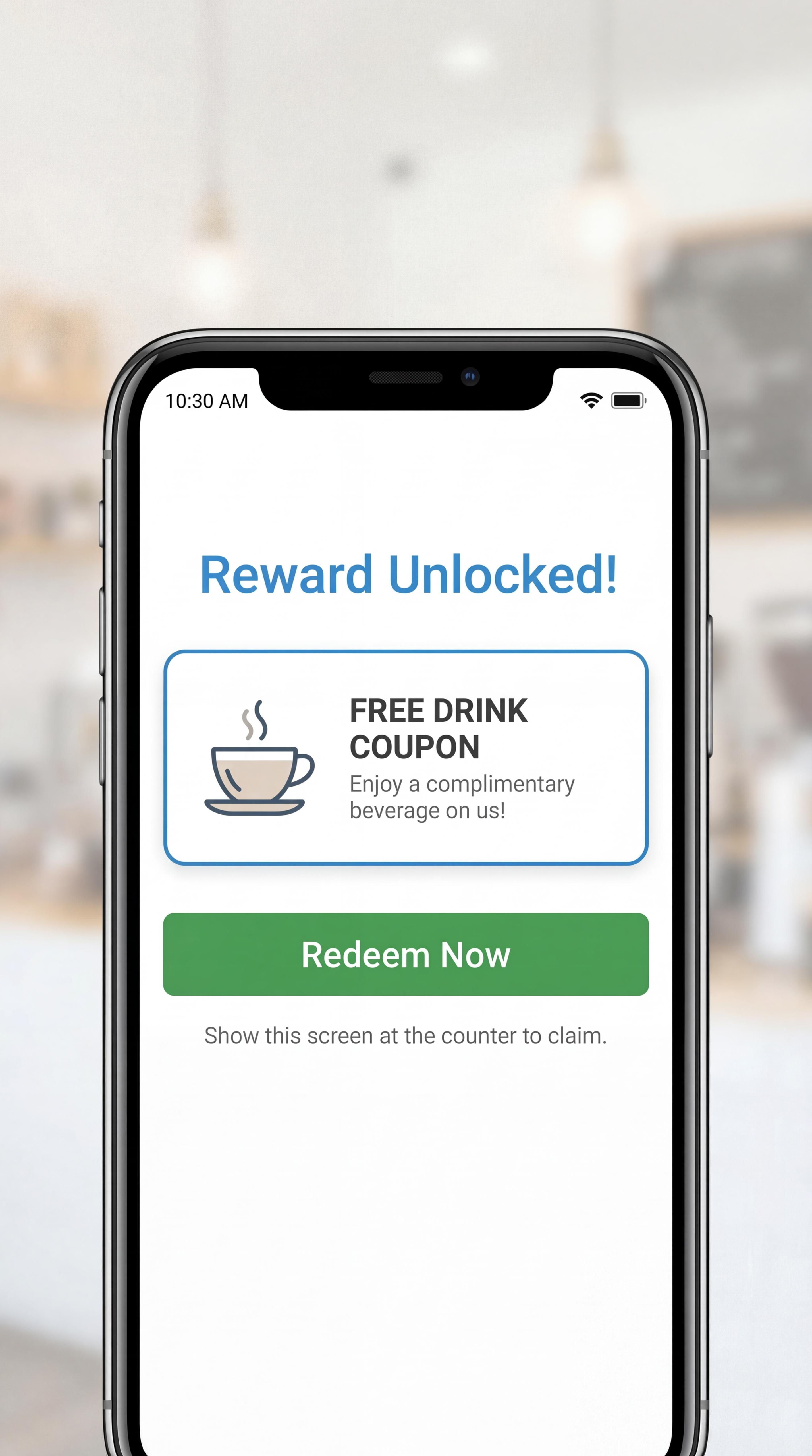Reward Unlocked screen with free drink coupon